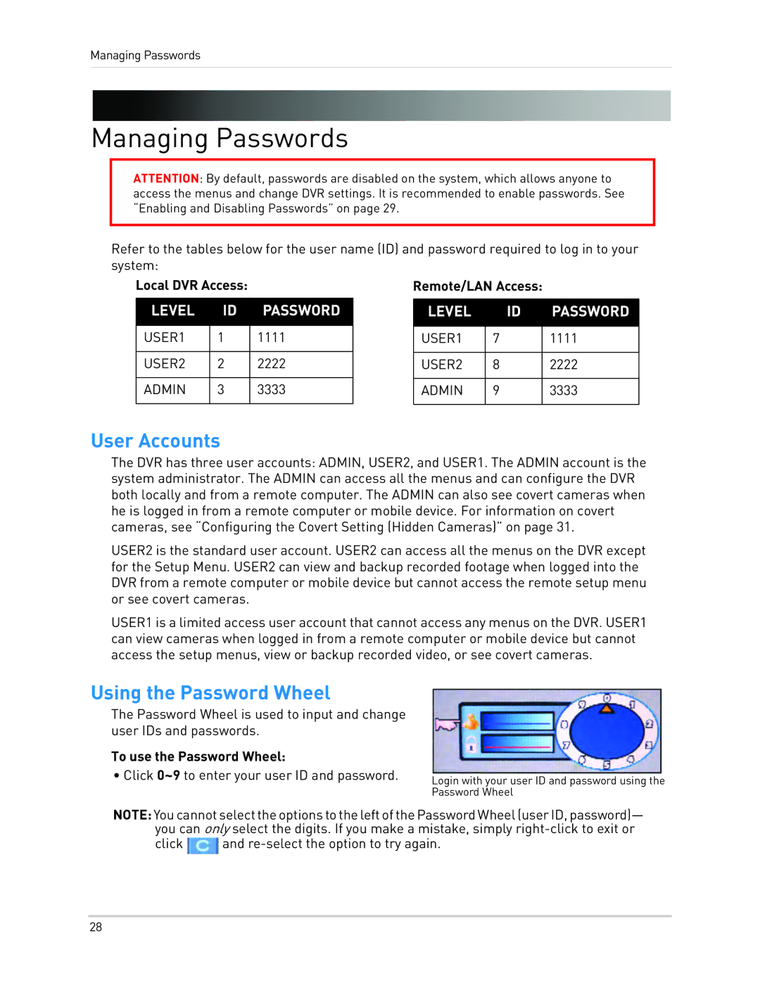 LOREX Technology LH3481001C8B Managing Passwords, User Accounts, Using the Password Wheel, To use the Password Wheel 