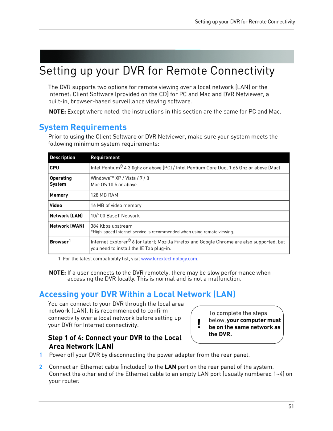 LOREX Technology LH340 EDGE3 Setting up your DVR for Remote Connectivity, System Requirements, Area Network LAN 