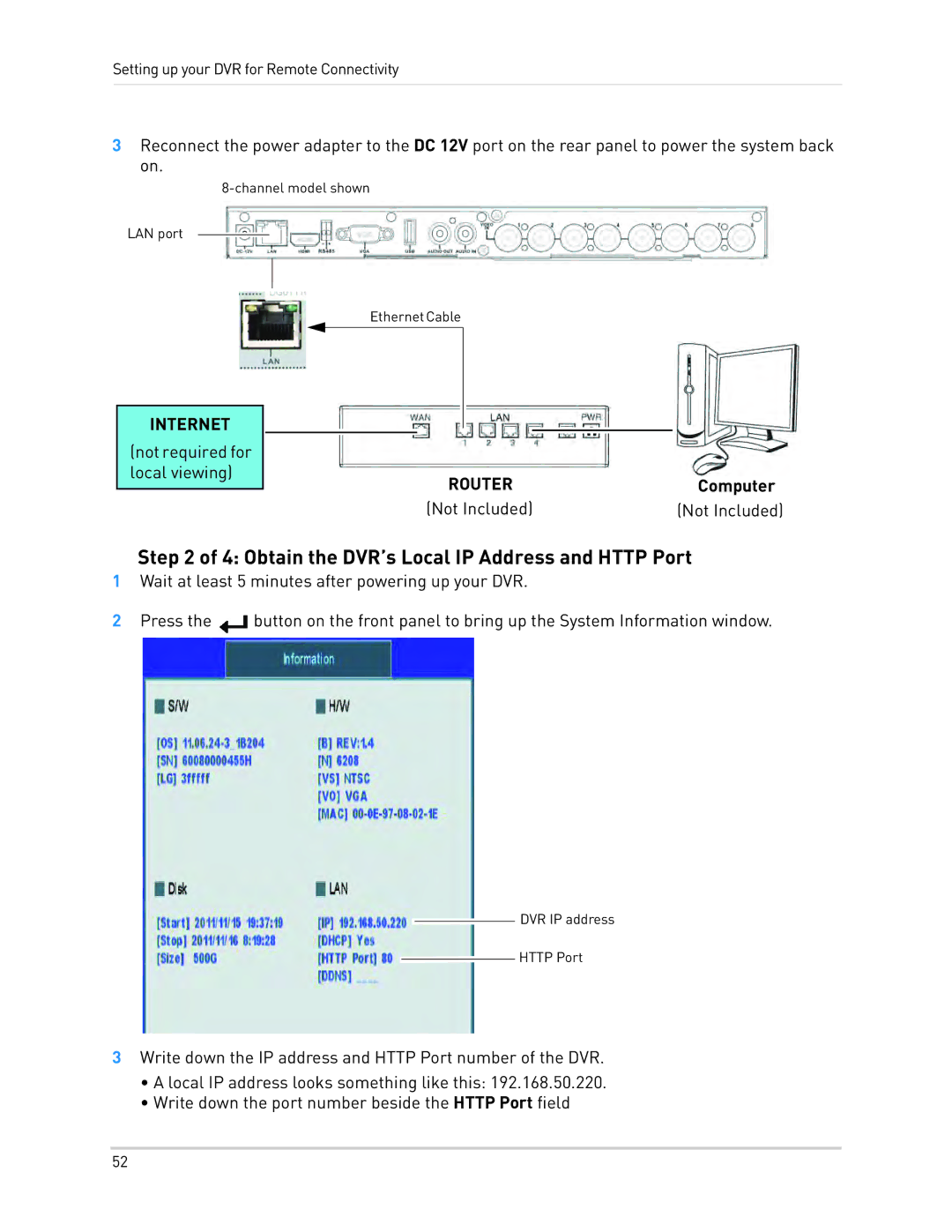 LOREX Technology LH3481001C8B, LH340 EDGE3, LH330 EDGE2 Obtain the DVR’s Local IP Address and Http Port, Computer 