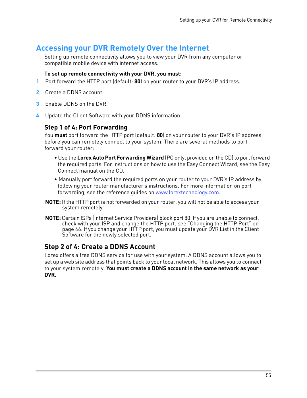 LOREX Technology LH3481001C8B, LH340 EDGE3, LH330 EDGE2 Accessing your DVR Remotely Over the Internet, Port Forwarding 