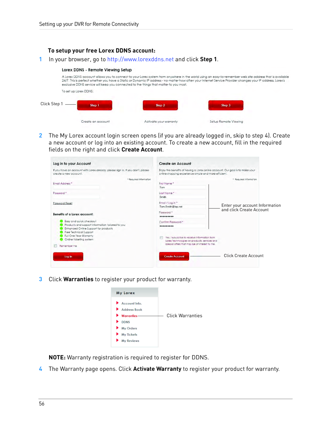 LOREX Technology LH330 EDGE2, LH340 EDGE3, LH3481001C8B instruction manual To setup your free Lorex Ddns account 