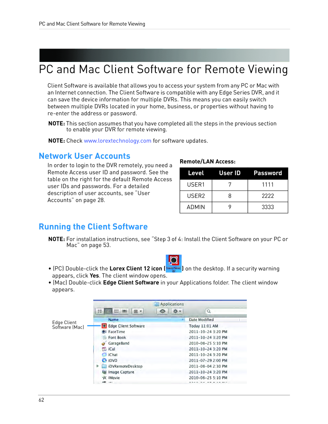 LOREX Technology LH330 EDGE2, LH340 EDGE3 PC and Mac Client Software for Remote Viewing, Network User Accounts 