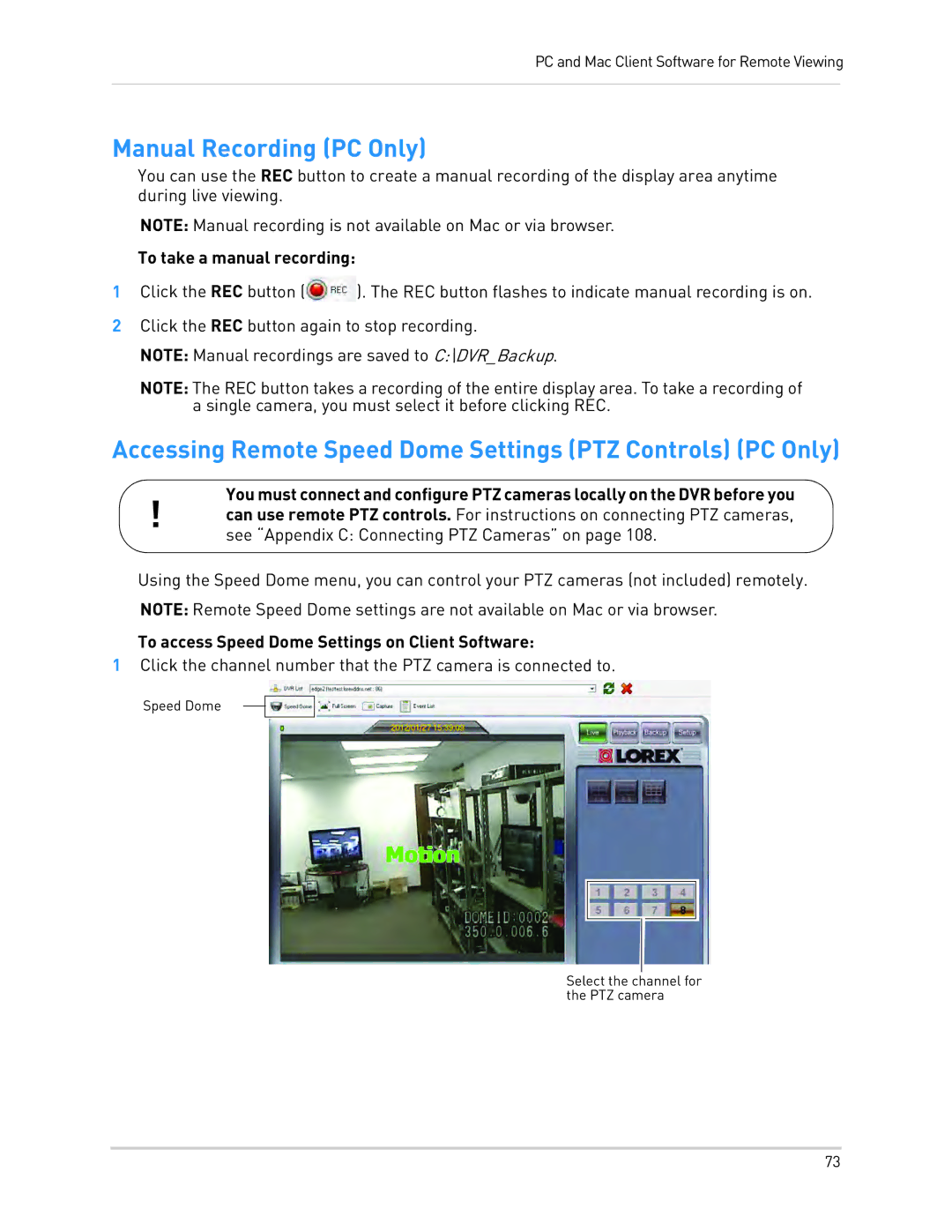 LOREX Technology LH3481001C8B Manual Recording PC Only, Accessing Remote Speed Dome Settings PTZ Controls PC Only 