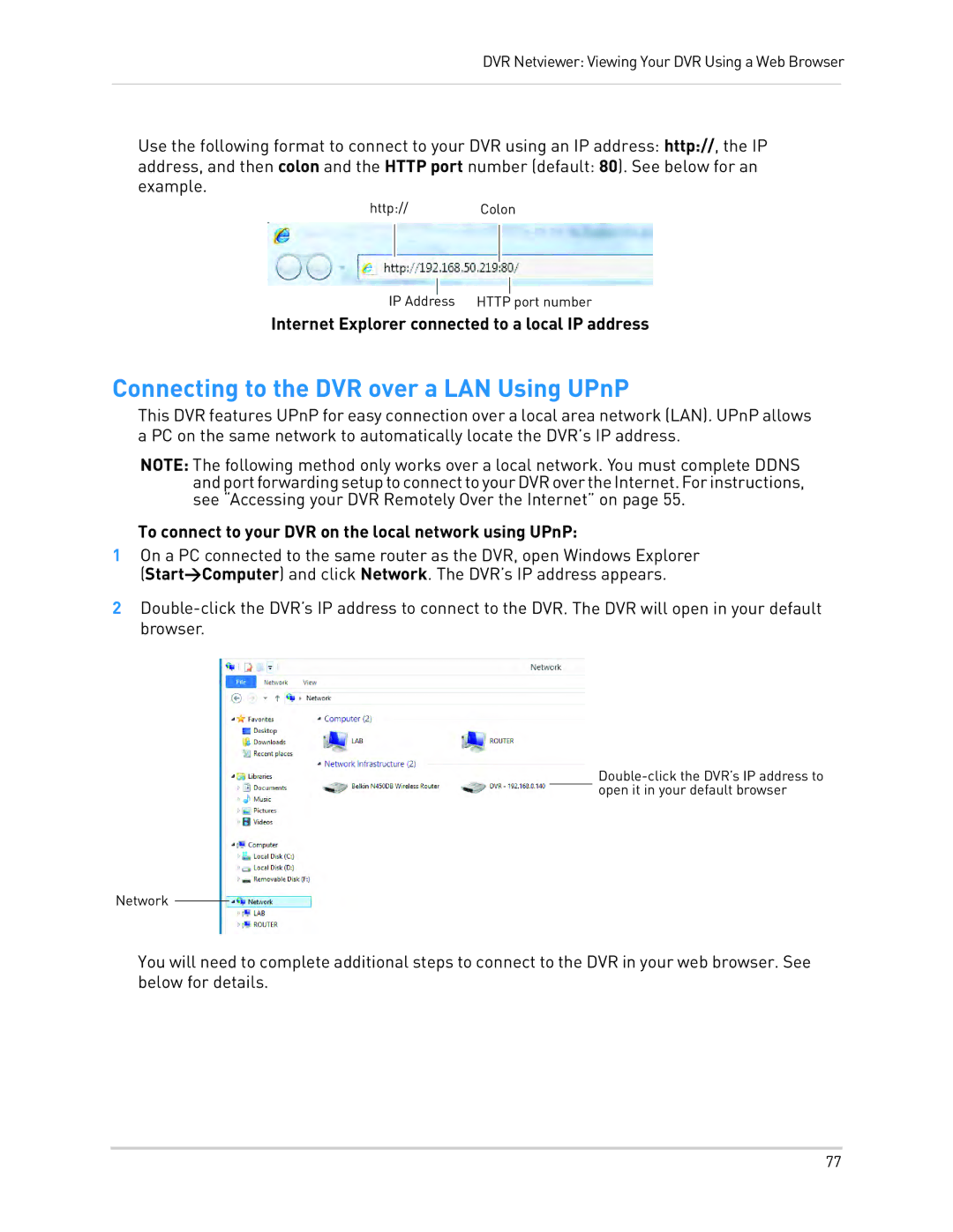 LOREX Technology LH330 EDGE2, LH340 EDGE3, LH3481001C8B instruction manual Connecting to the DVR over a LAN Using UPnP 