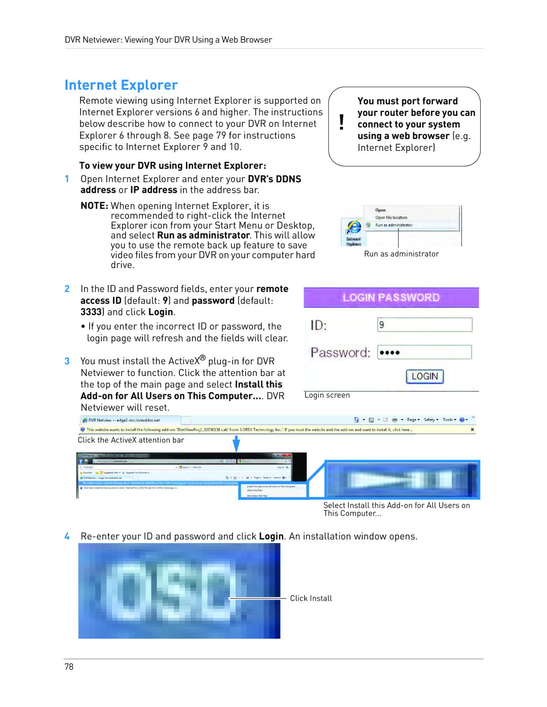 LOREX Technology LH340 EDGE3, LH3481001C8B, LH330 EDGE2 Internet Explorer, You must port forward, Connect to your system 