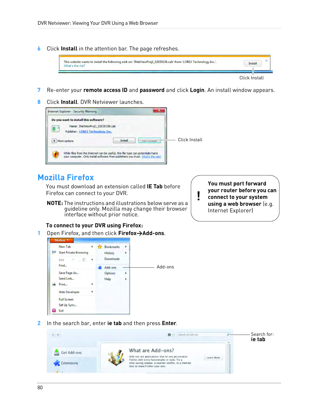 LOREX Technology LH330 EDGE2, LH340 EDGE3, LH3481001C8B Mozilla Firefox, To connect to your DVR using Firefox, Ie tab 