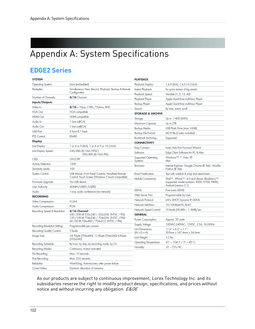 LOREX Technology LH340 EDGE3 Appendix A: System Specifications, EDGE2 Series, Appendix A System Specifications, Display 