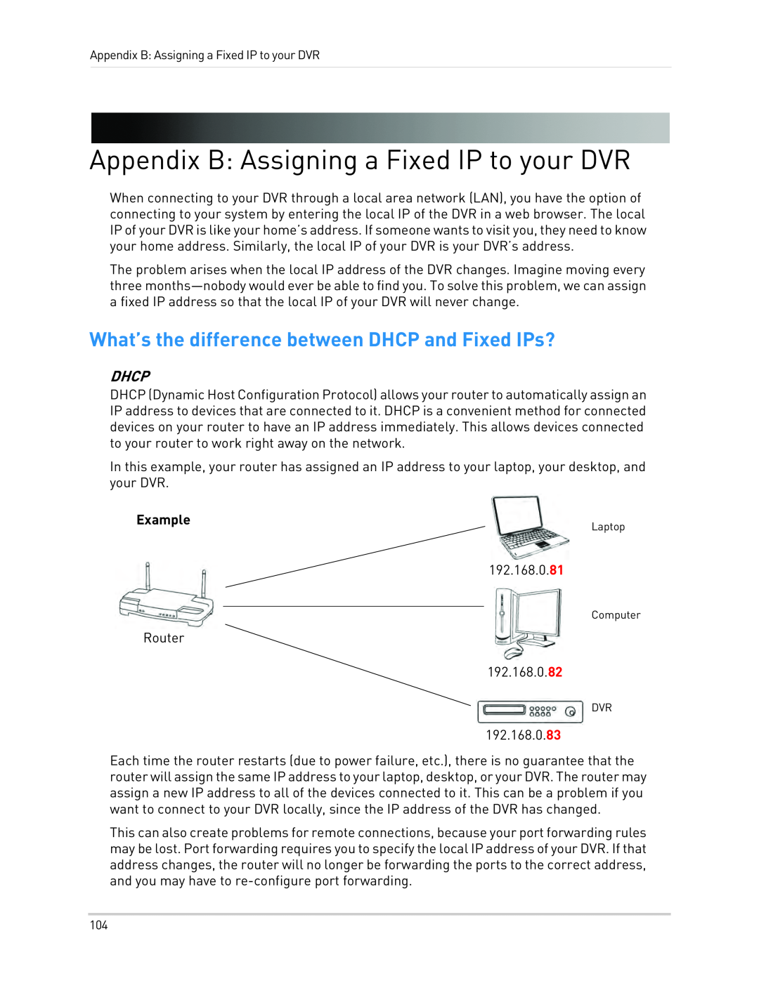 LOREX Technology LH330 EDGE2, LH340 EDGE3, LH3481001C8B Appendix B: Assigning a Fixed IP to your DVR, Dhcp, Example 