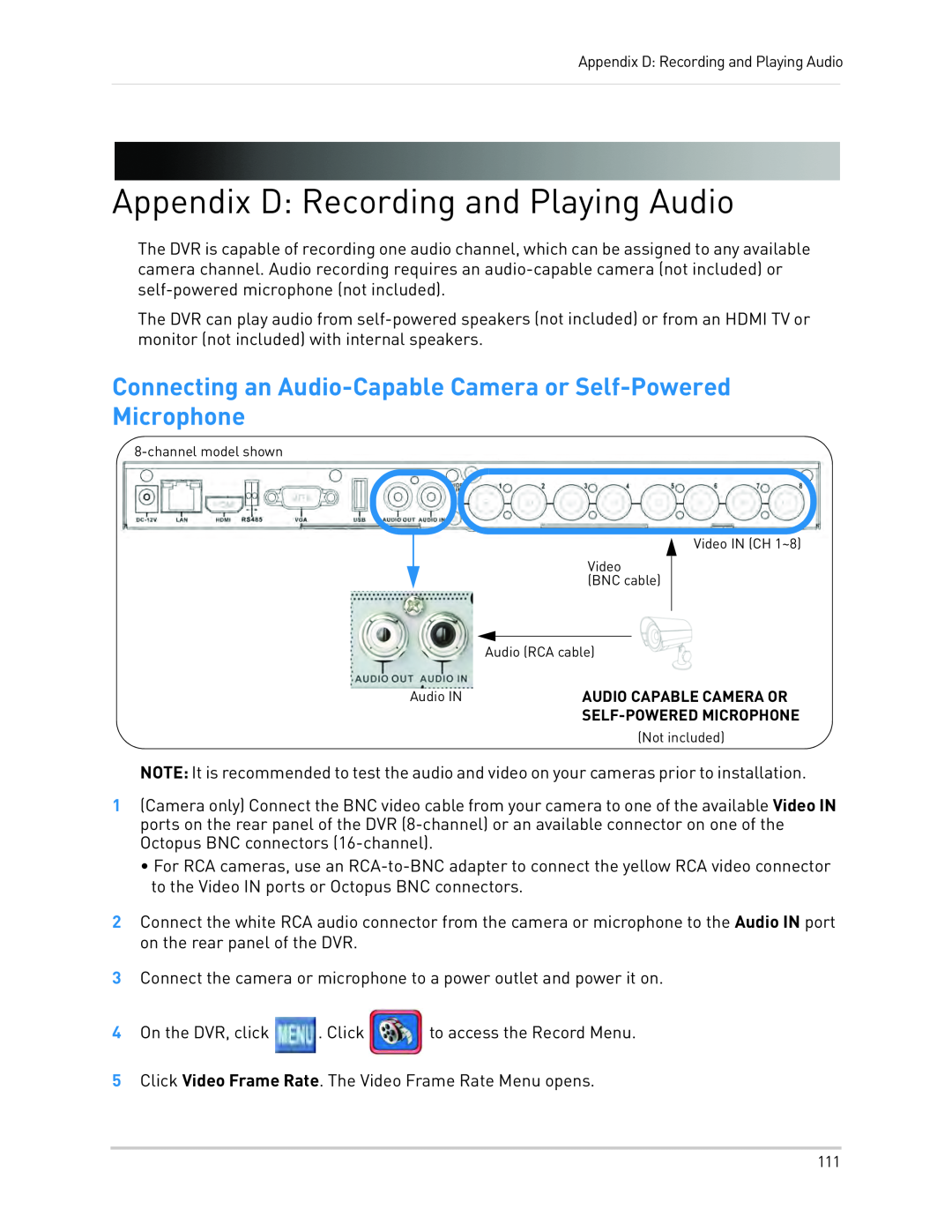 LOREX Technology LH340 EDGE3, LH3481001C8B, LH330 EDGE2 instruction manual Appendix D: Recording and Playing Audio 