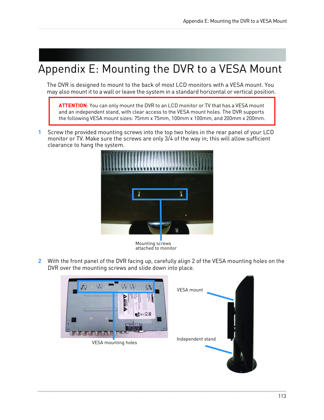 LOREX Technology LH330 EDGE2 Appendix E Mounting the DVR to a VESA Mount, Appendix E: Mounting the DVR to a VESA Mount 