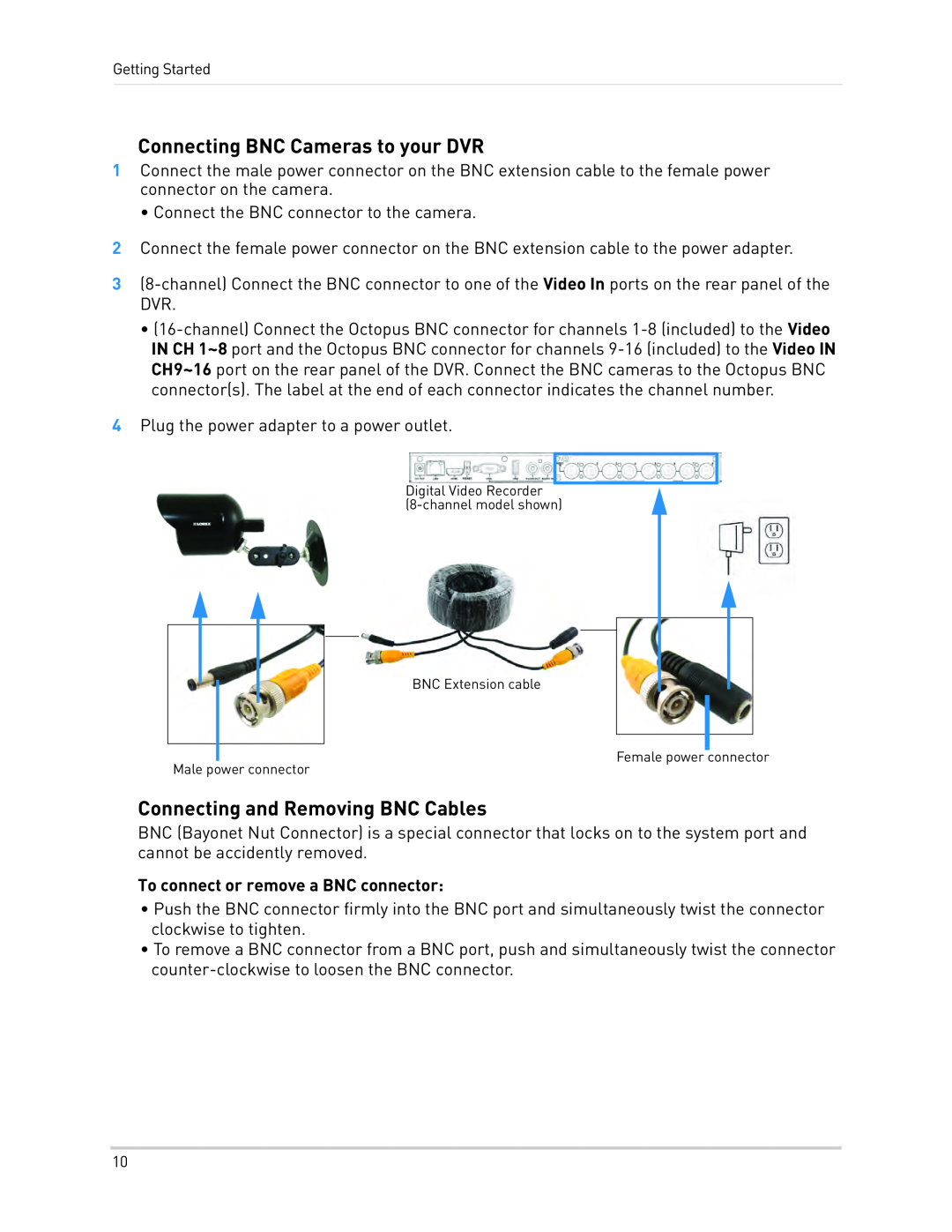 LOREX Technology LH3481001C8B, LH340 EDGE3 Connecting BNC Cameras to your DVR, Connecting and Removing BNC Cables 