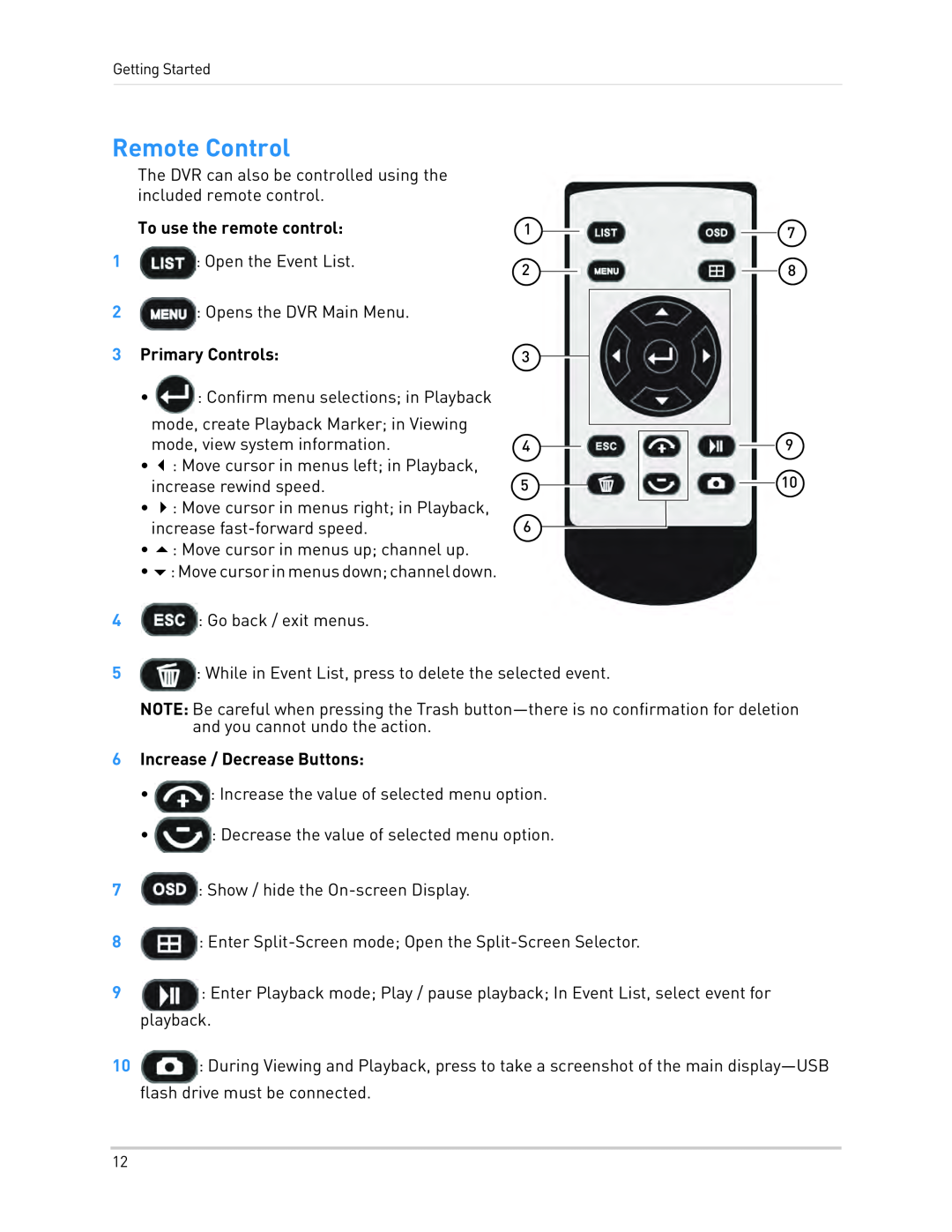 LOREX Technology LH340 EDGE3 Remote Control, To use the remote control, Primary Controls, 6Increase / Decrease Buttons 