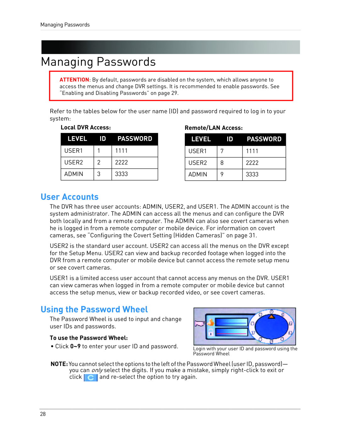 LOREX Technology LH3481001C8B Managing Passwords, User Accounts, Using the Password Wheel, Level, Local DVR Access 