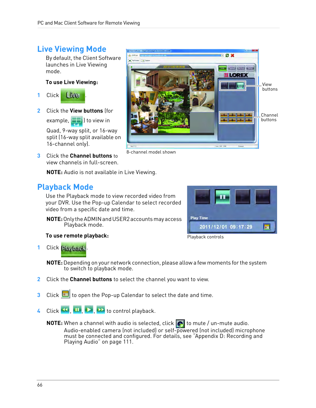 LOREX Technology LH340 EDGE3, LH3481001C8B Live Viewing Mode, Playback Mode, To use Live Viewing, To use remote playback 