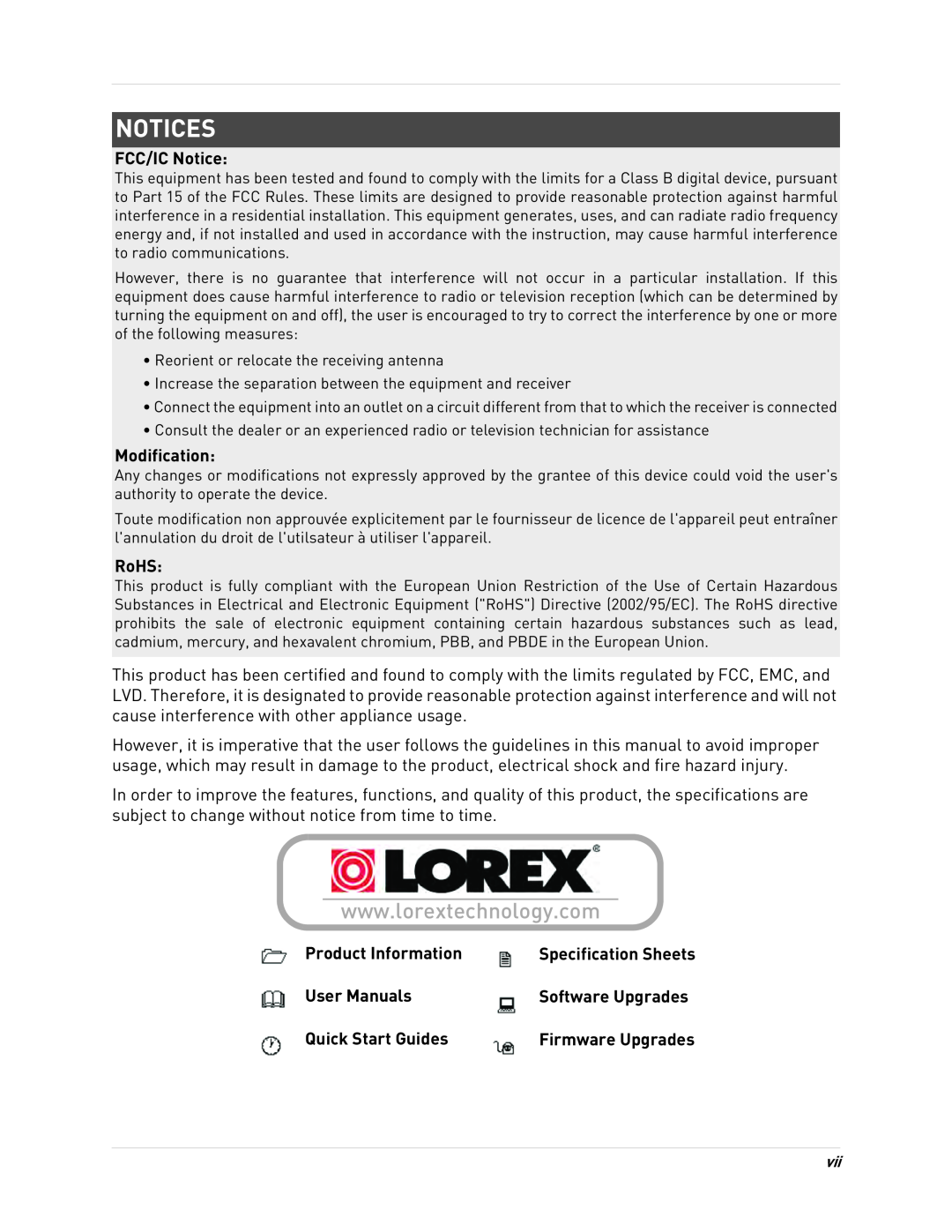LOREX Technology LH340 EDGE3, LH3481001C8B Notices, FCC/IC Notice, Modification, RoHS, Product Information, User Manuals 