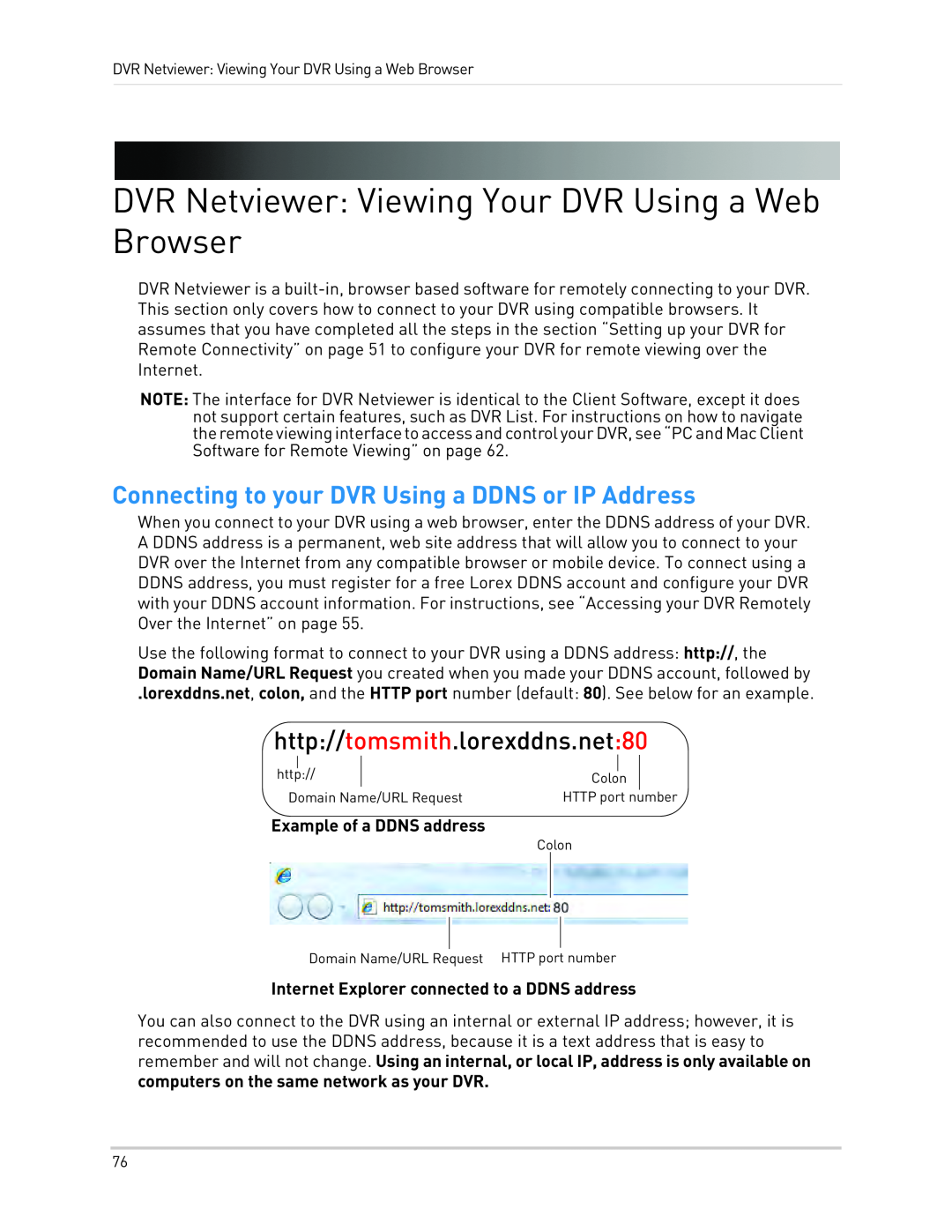 LOREX Technology LH3481001C8B, LH340 EDGE3 Connecting to your DVR Using a DDNS or IP Address, Example of a DDNS address 