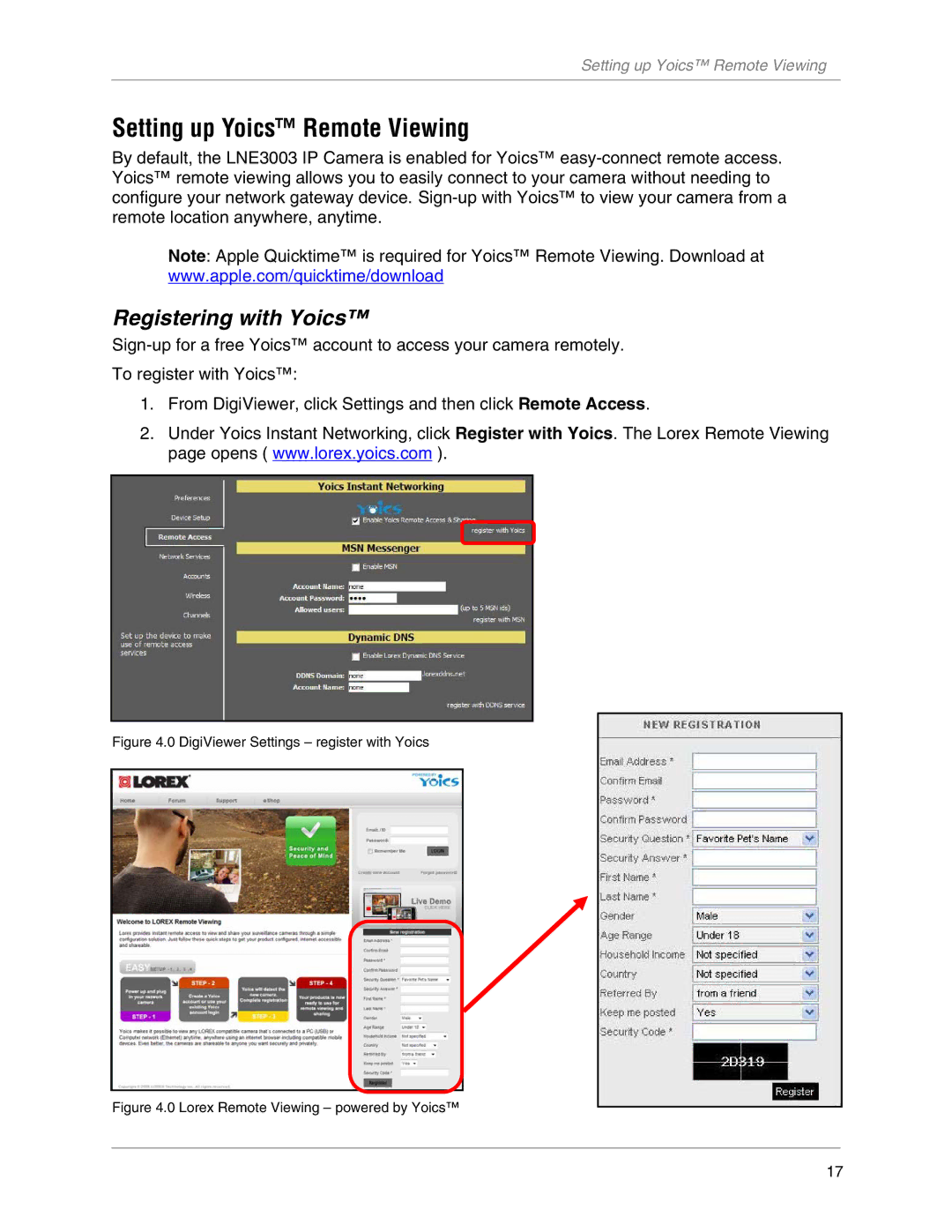 LOREX Technology LNE3003 instruction manual Setting up Yoics Remote Viewing, Registering with Yoics 