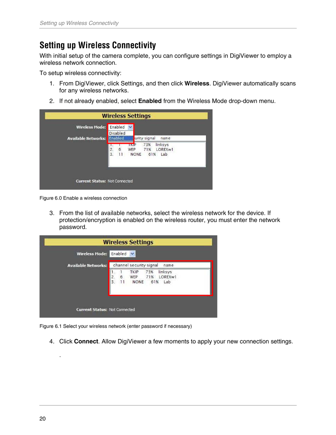 LOREX Technology LNE3003 instruction manual Setting up Wireless Connectivity, Enable a wireless connection 