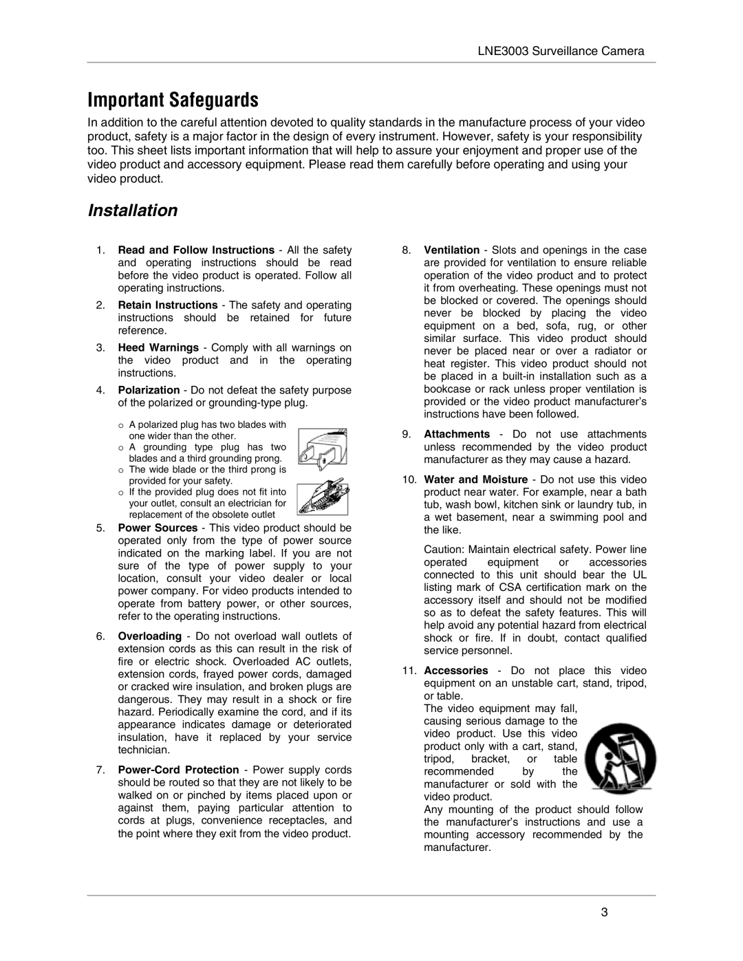 LOREX Technology LNE3003 instruction manual Important Safeguards, Installation 