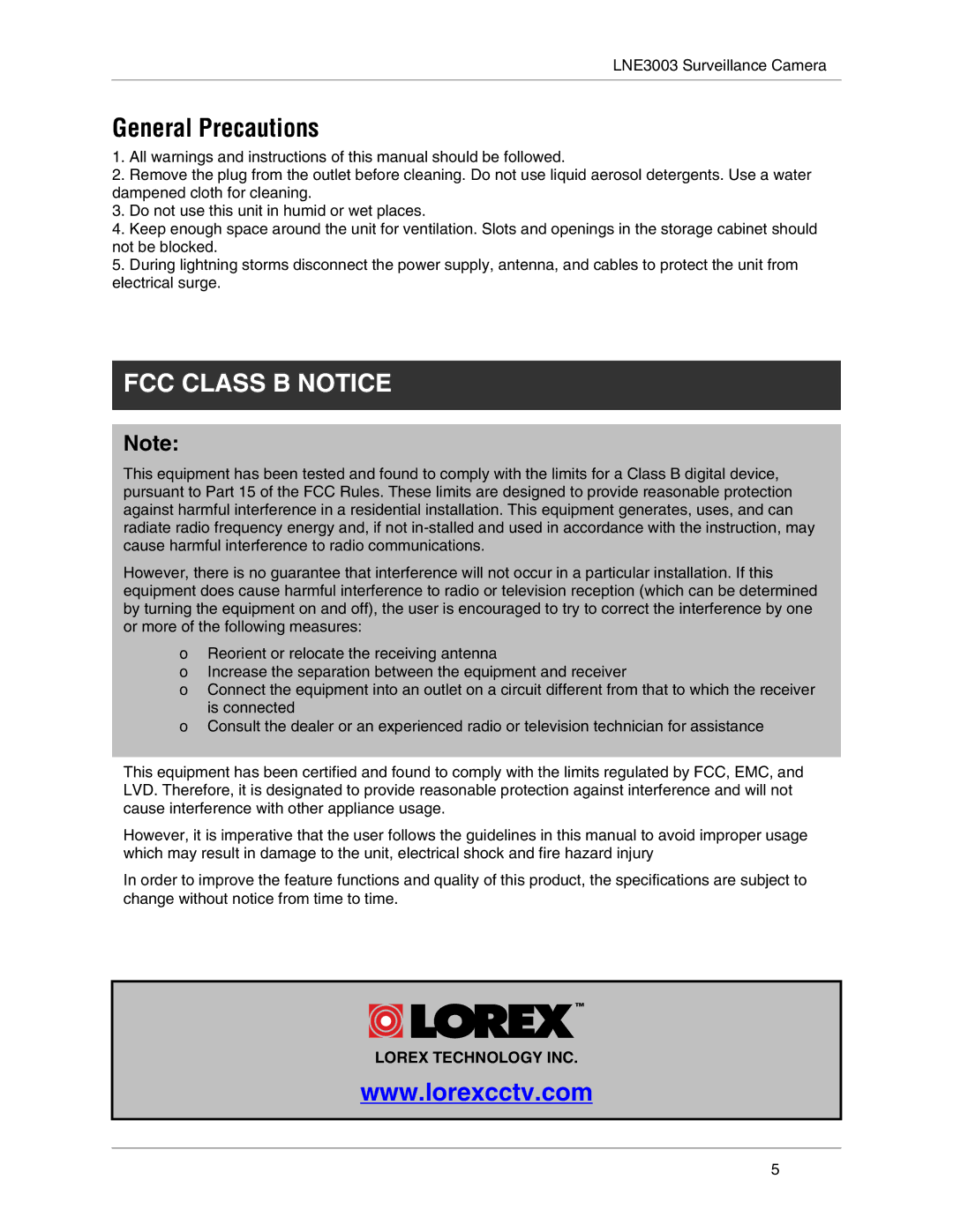 LOREX Technology LNE3003 instruction manual General Precautions, FCC Class B Notice 