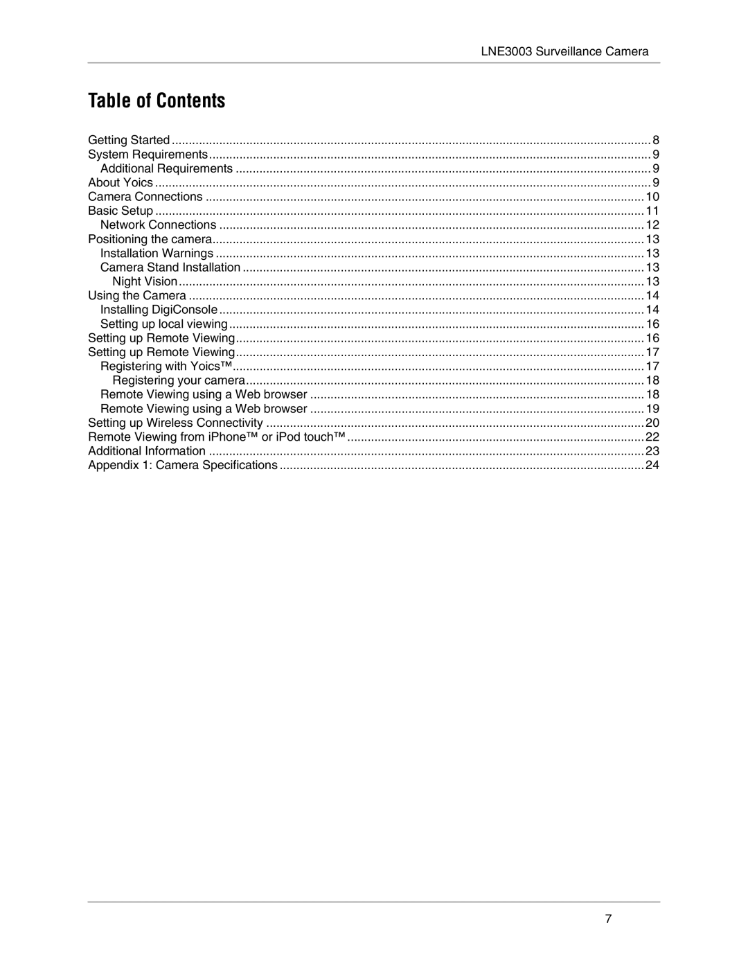 LOREX Technology LNE3003 instruction manual Table of Contents 