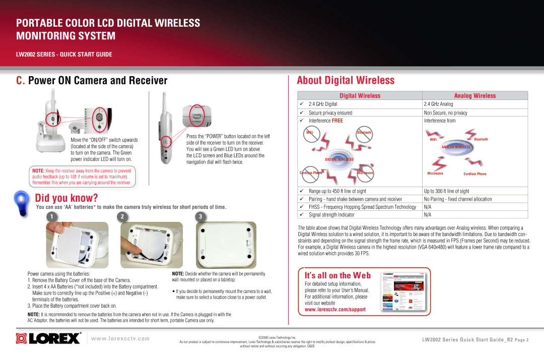 LOREX Technology LW2002 Series quick start No Pairing fixed channel allocation, Signal strength Indicator 