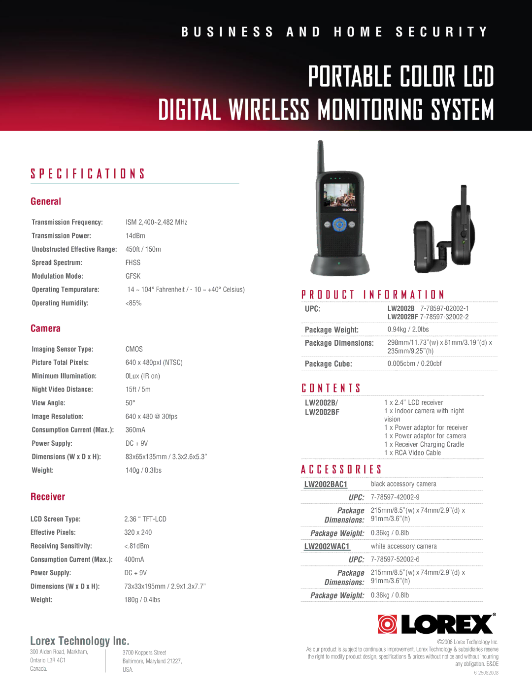 LOREX Technology LW2002B Series manual N T E N T S, C E S S O R I E S, General, Camera, Receiver 