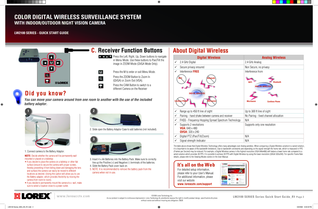 LOREX Technology LW2100 Series quick start Receiver Function Buttons, Press the M to enter or exit Menu Mode 