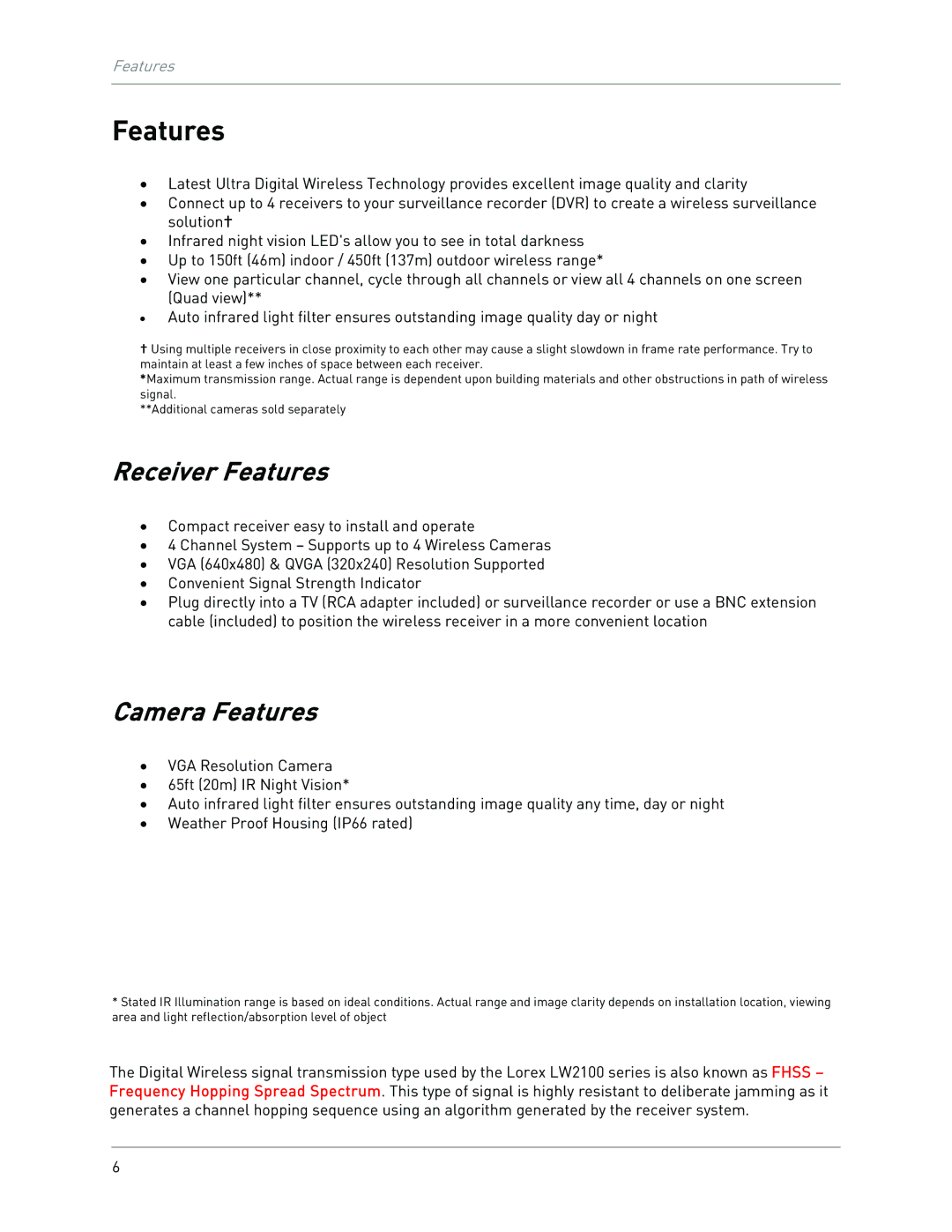 LOREX Technology LW2100 instruction manual Receiver Features, Camera Features 