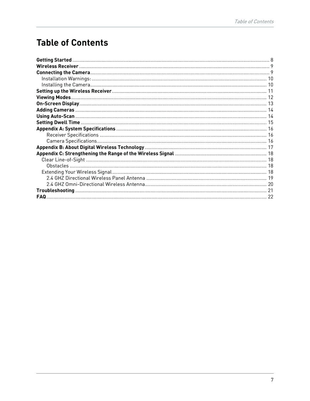 LOREX Technology LW2100 instruction manual Table of Contents 