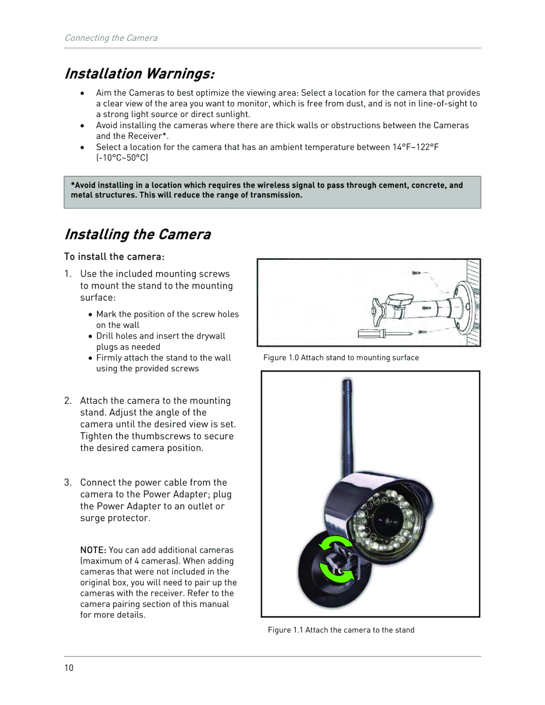 LOREX Technology LW2100 instruction manual Installation Warnings, Installing the Camera 