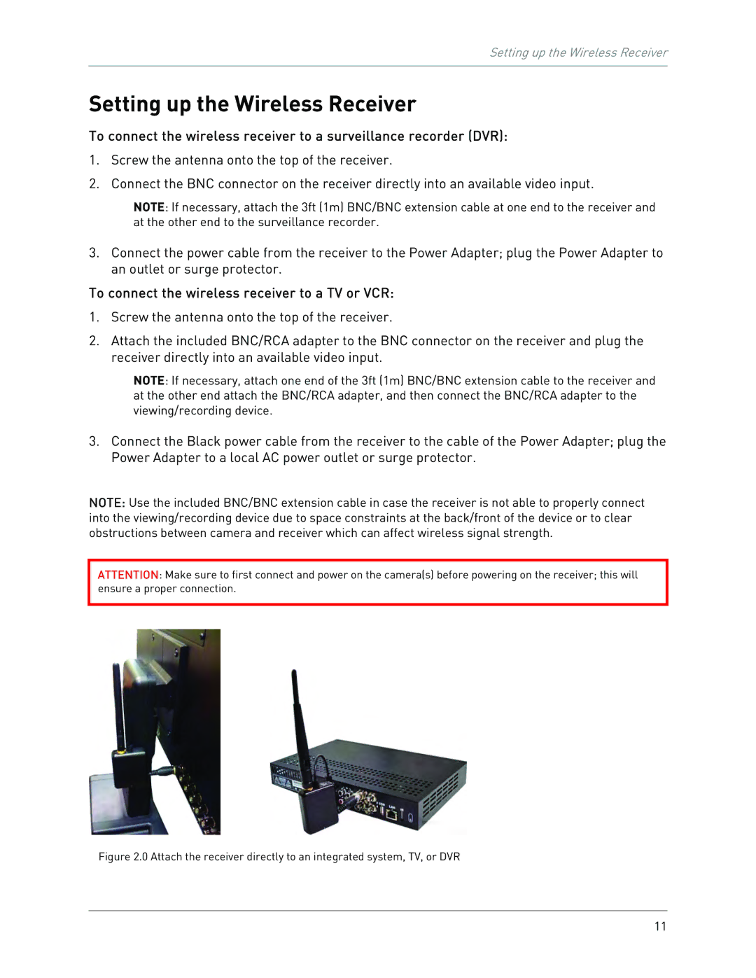 LOREX Technology LW2100 Setting up the Wireless Receiver, To connect the wireless receiver to a TV or VCR 