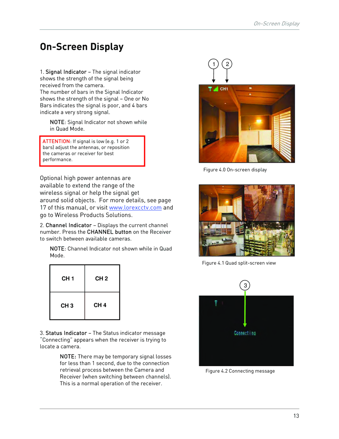 LOREX Technology LW2100 instruction manual On-Screen Display, Quad split-screen view 