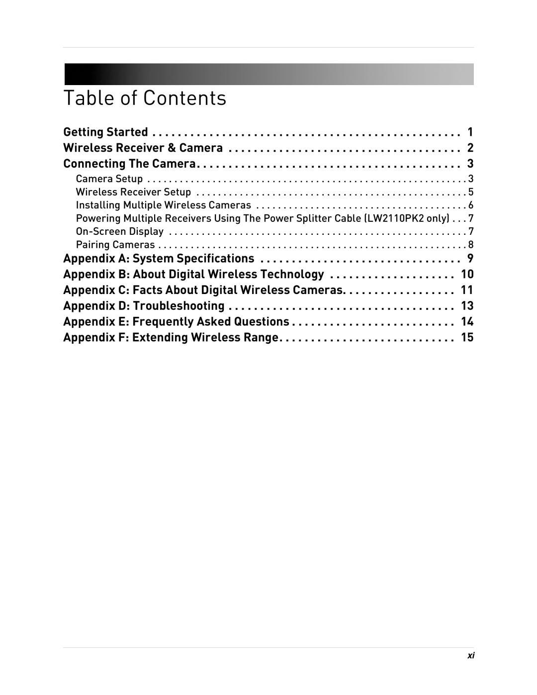 LOREX Technology LW2110 instruction manual Table of Contents 