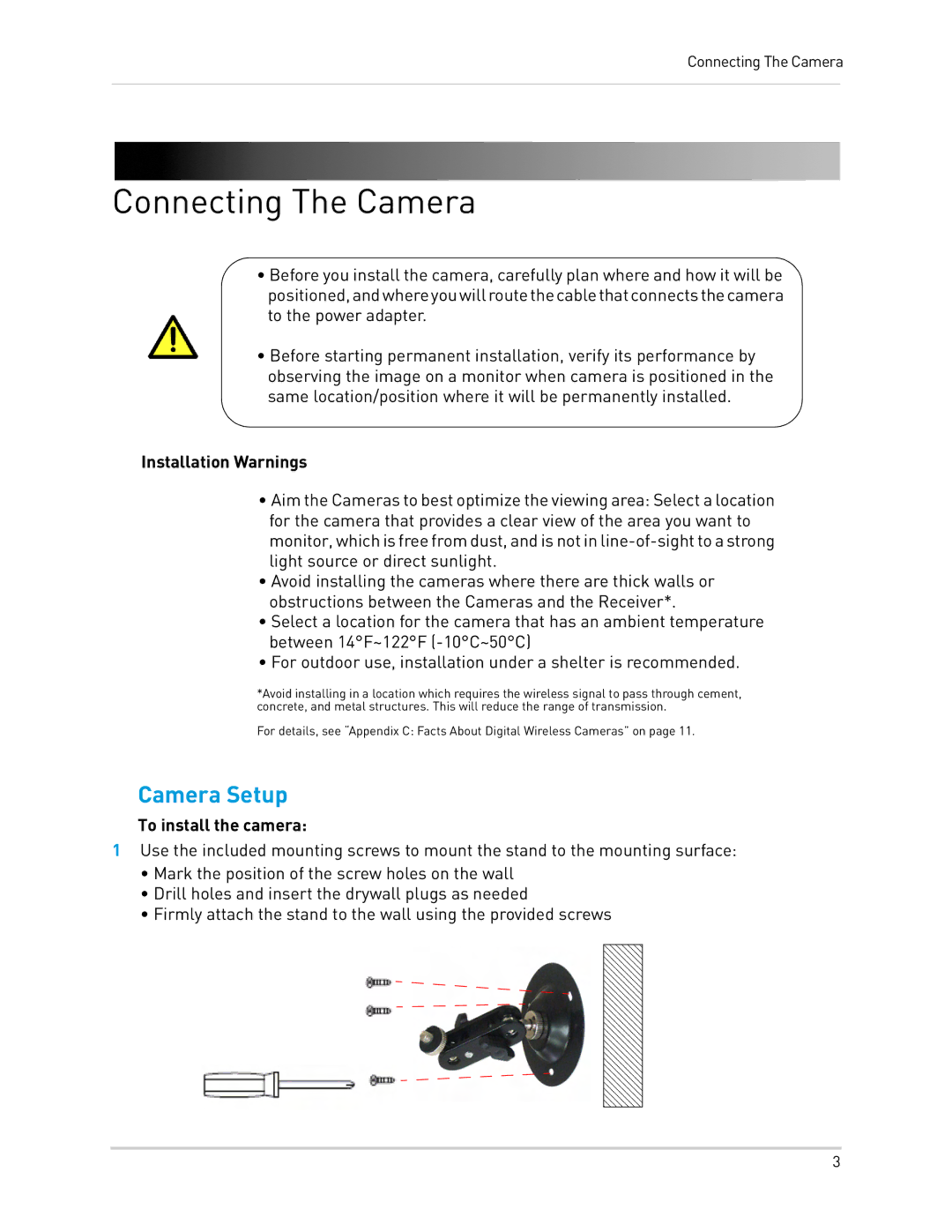 LOREX Technology LW2110 Connecting The Camera, Camera Setup, Installation Warnings, To install the camera 