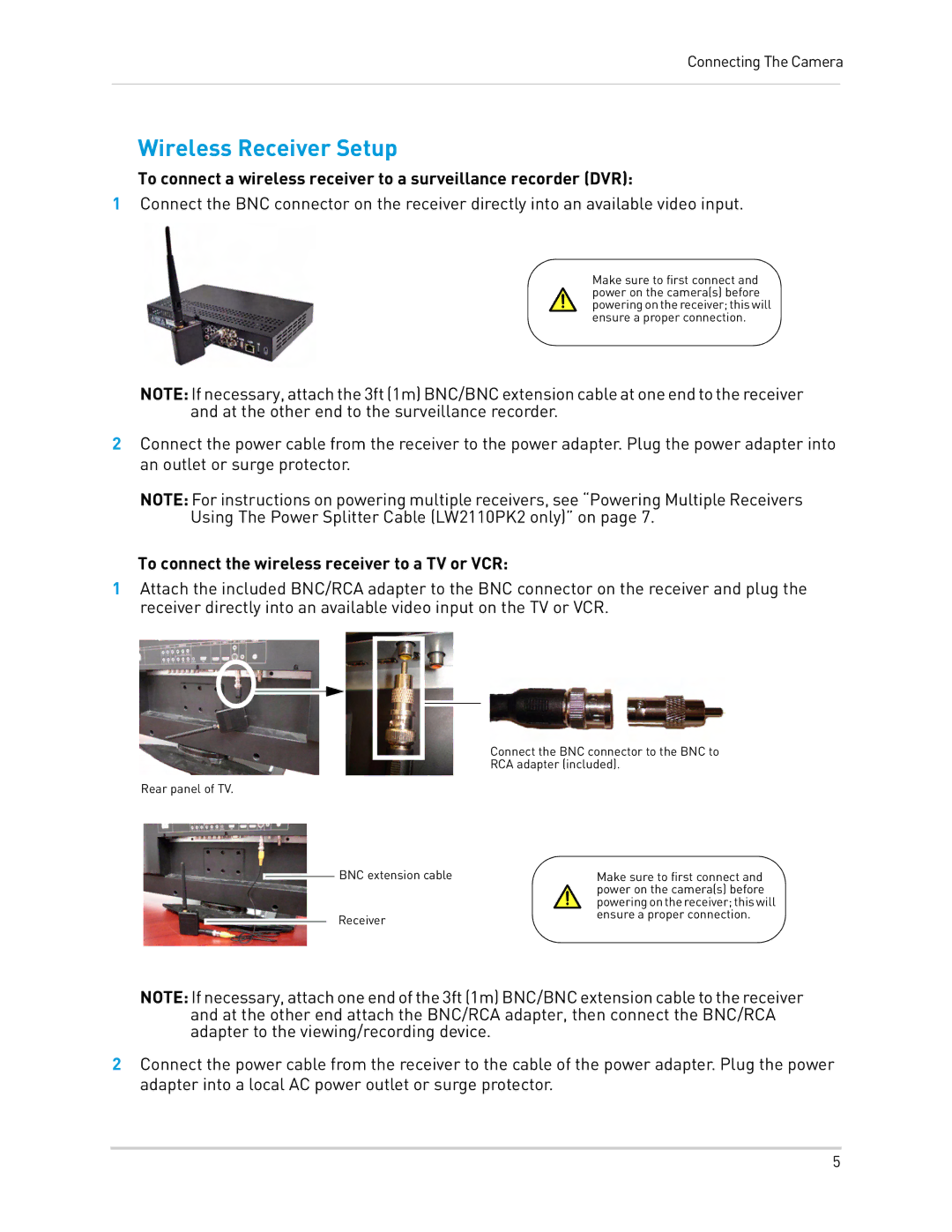 LOREX Technology LW2110 instruction manual Wireless Receiver Setup, To connect the wireless receiver to a TV or VCR 