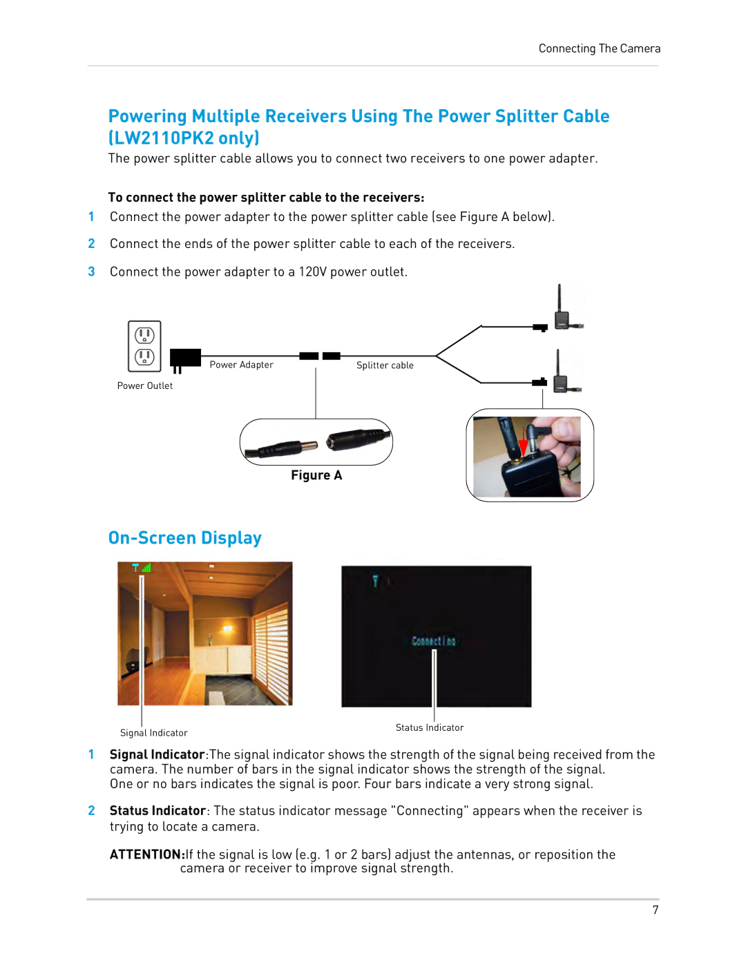 LOREX Technology LW2110 instruction manual On-Screen Display, To connect the power splitter cable to the receivers 