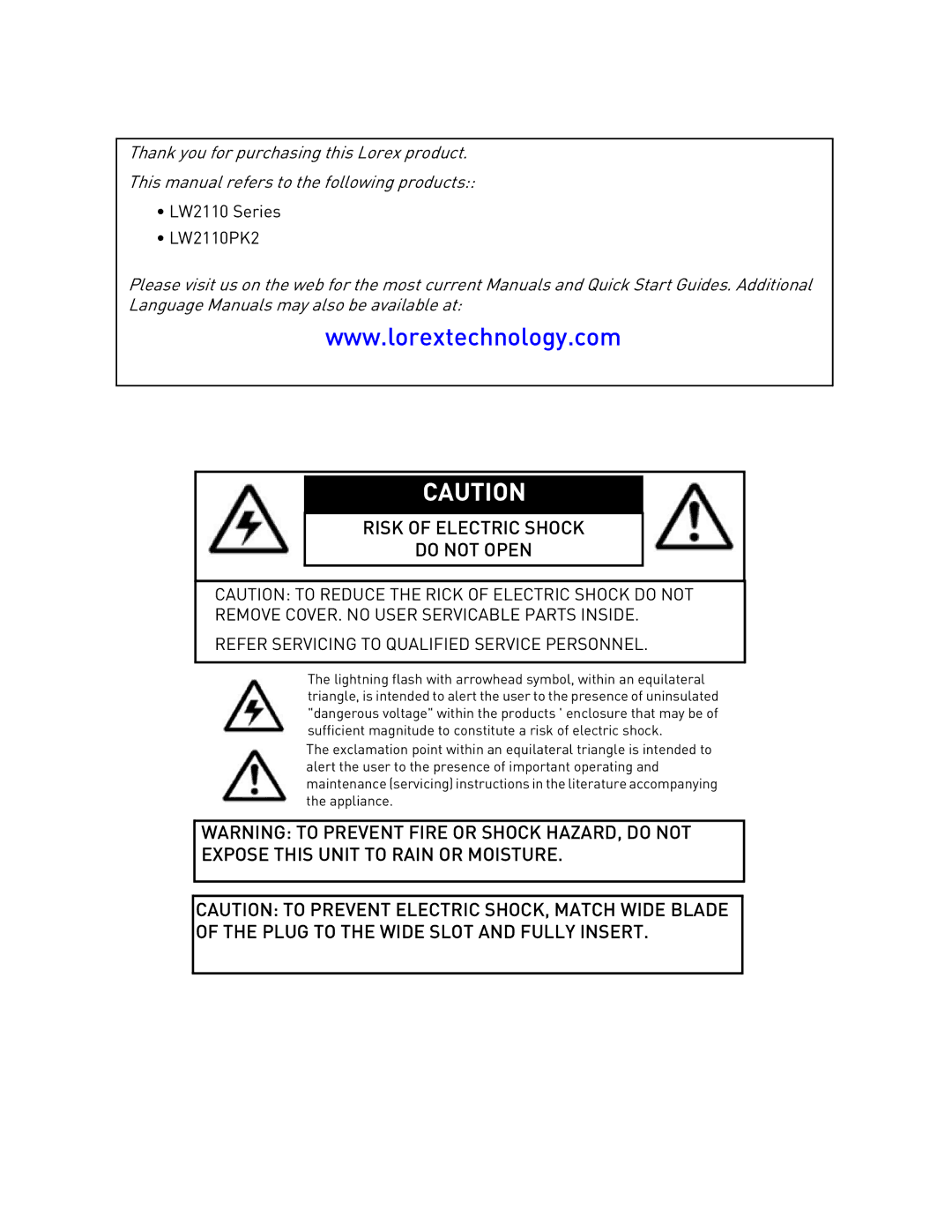 LOREX Technology LW2110 instruction manual Expose this Unit to Rain or Moisture 