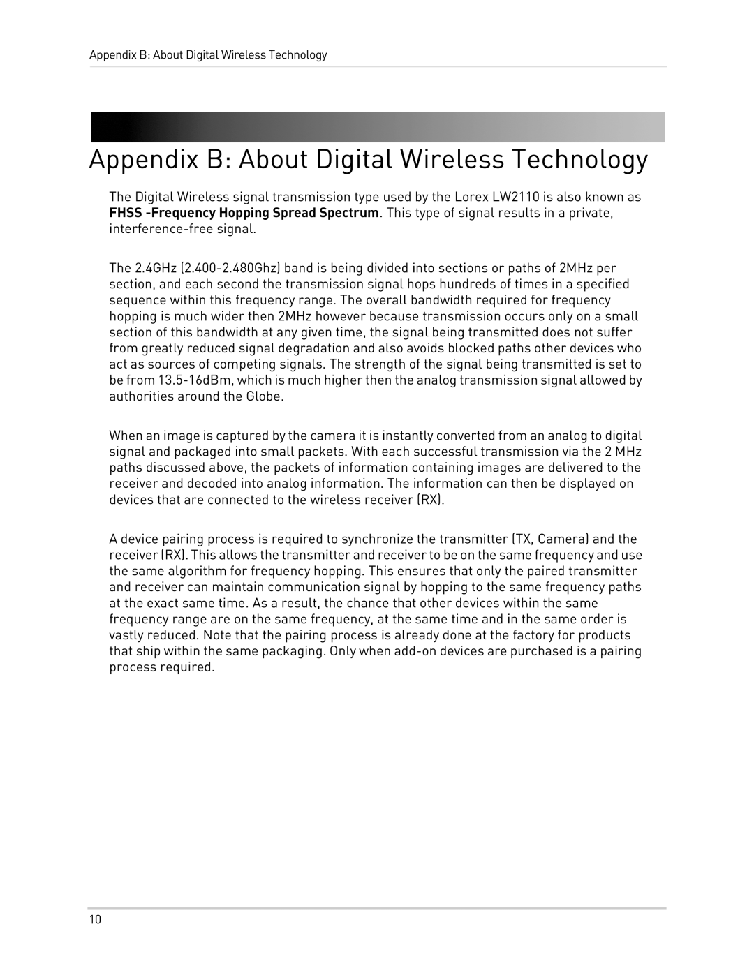 LOREX Technology LW2110 instruction manual Appendix B About Digital Wireless Technology 