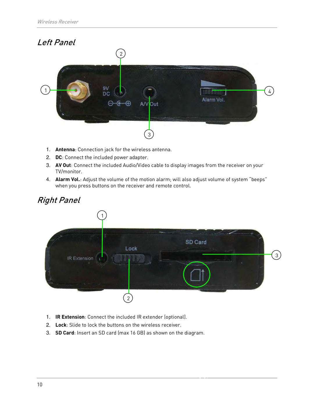 LOREX Technology LW2301 instruction manual Left Panel, Right Panel 