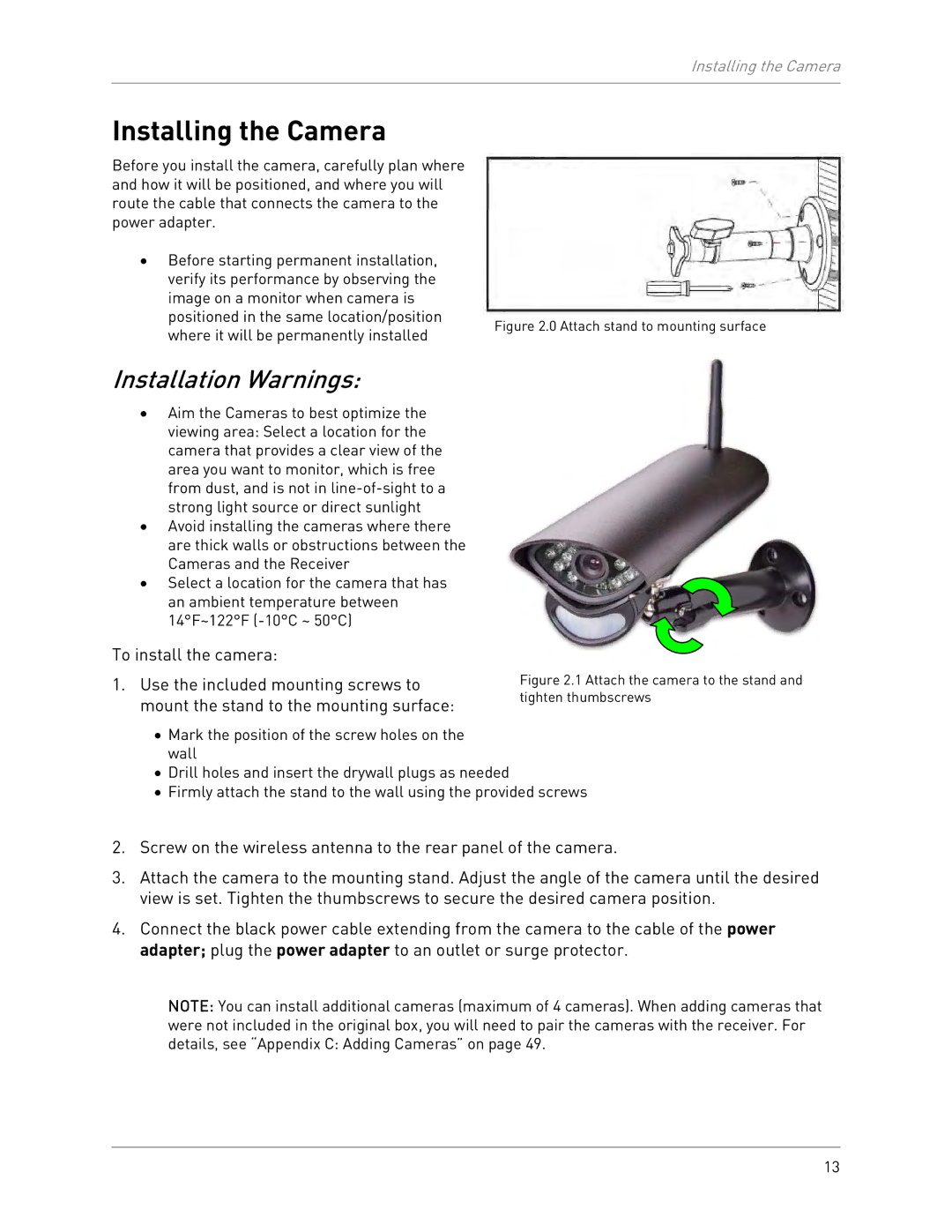 LOREX Technology LW2301 instruction manual Installing the Camera, Installation Warnings 