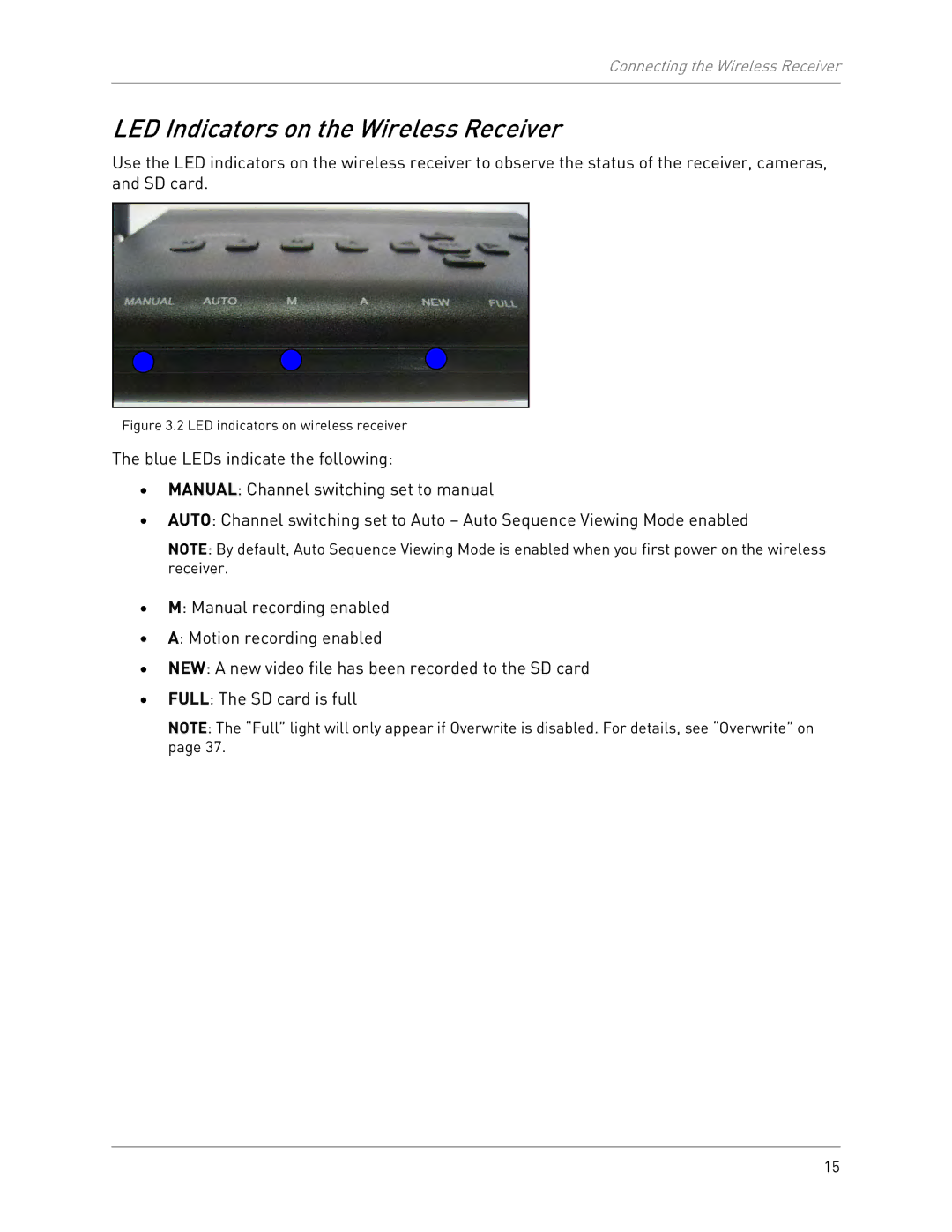 LOREX Technology LW2301 instruction manual LED Indicators on the Wireless Receiver, LED indicators on wireless receiver 