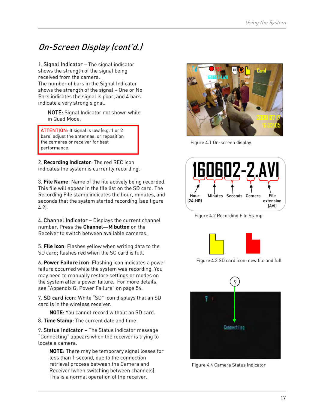 LOREX Technology LW2301 instruction manual On-Screen Display cont’d, Recording Indicator The red REC icon 