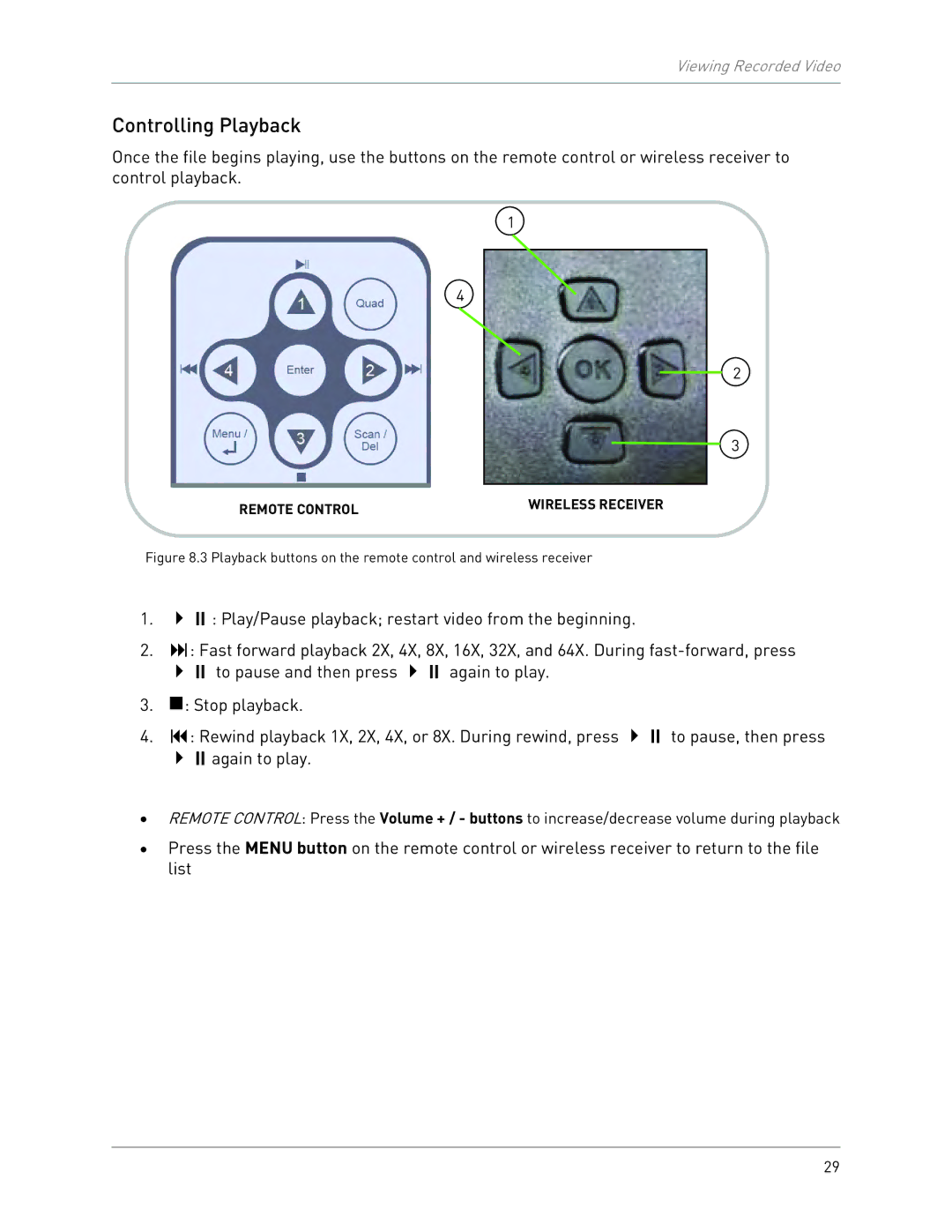 LOREX Technology LW2301 Controlling Playback, Playback buttons on the remote control and wireless receiver 