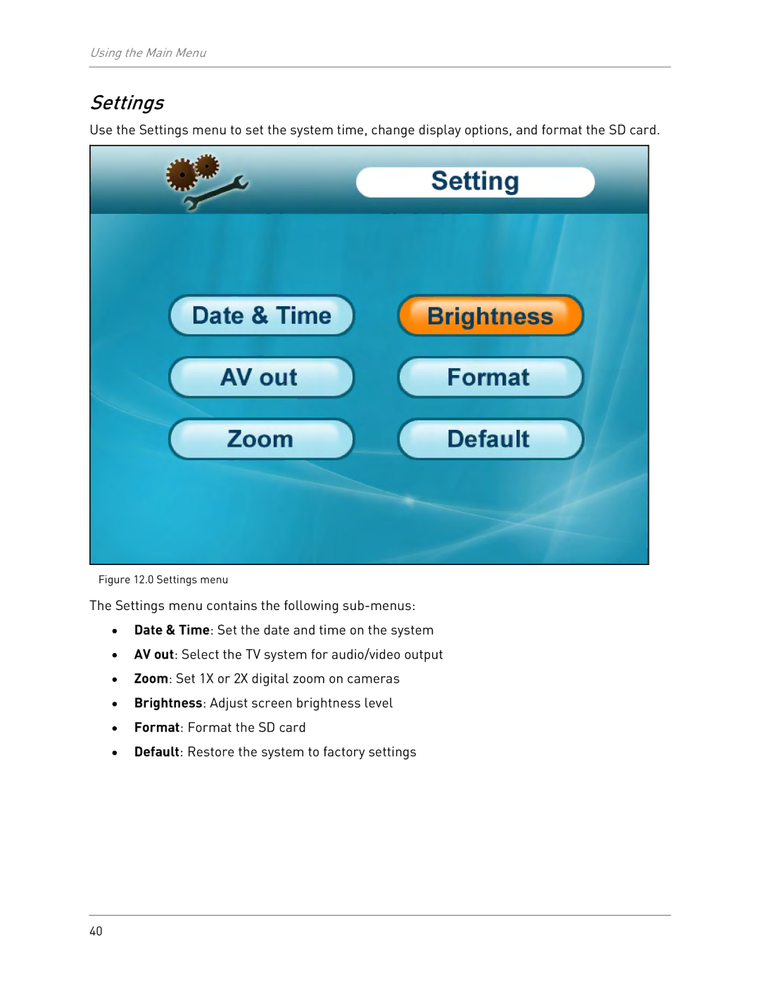 LOREX Technology LW2301 instruction manual Settings menu 