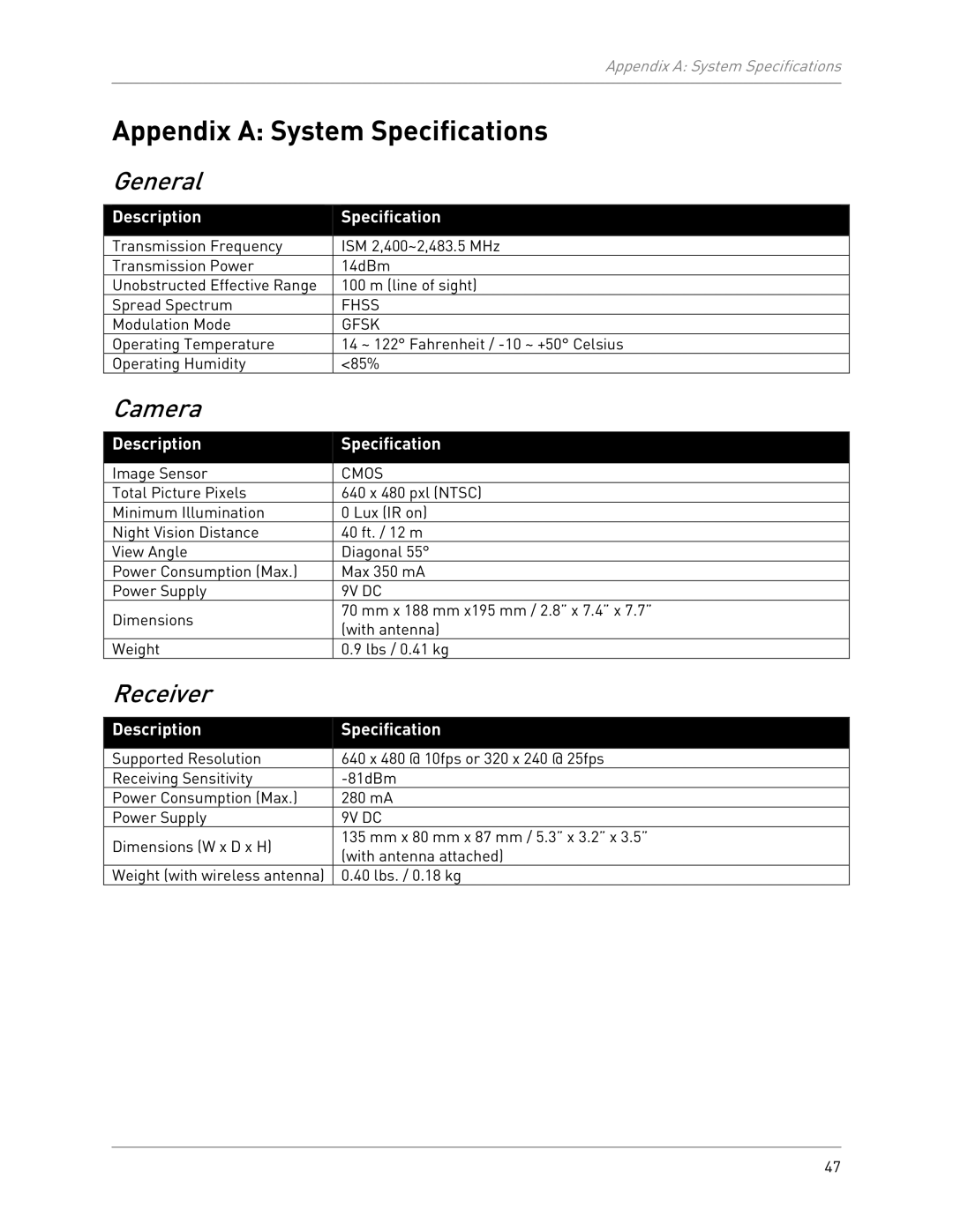 LOREX Technology LW2301 instruction manual Appendix a System Specifications, General, Camera, Receiver 