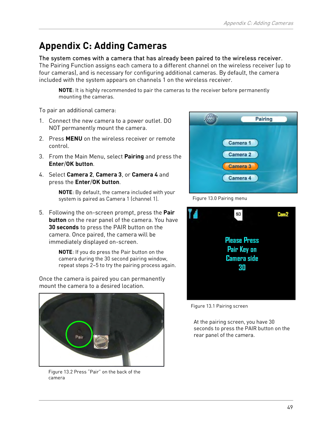 LOREX Technology LW2301 instruction manual Appendix C Adding Cameras, Press Pair on the back of the camera 