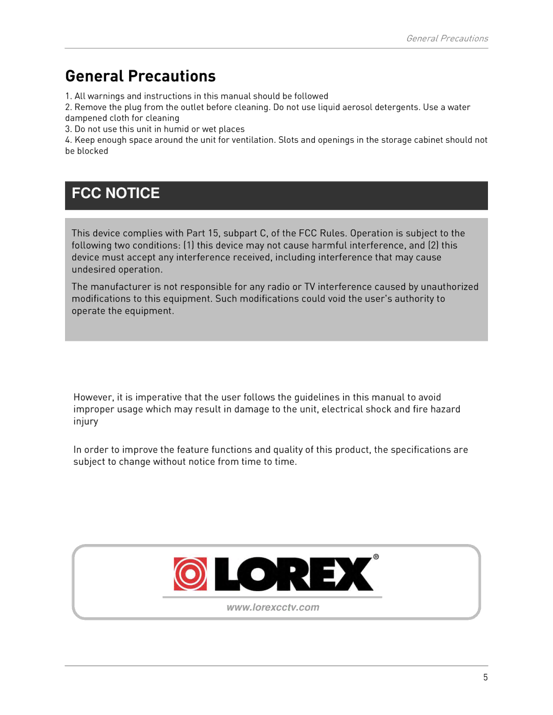 LOREX Technology LW2301 instruction manual General Precautions, FCC Notice 