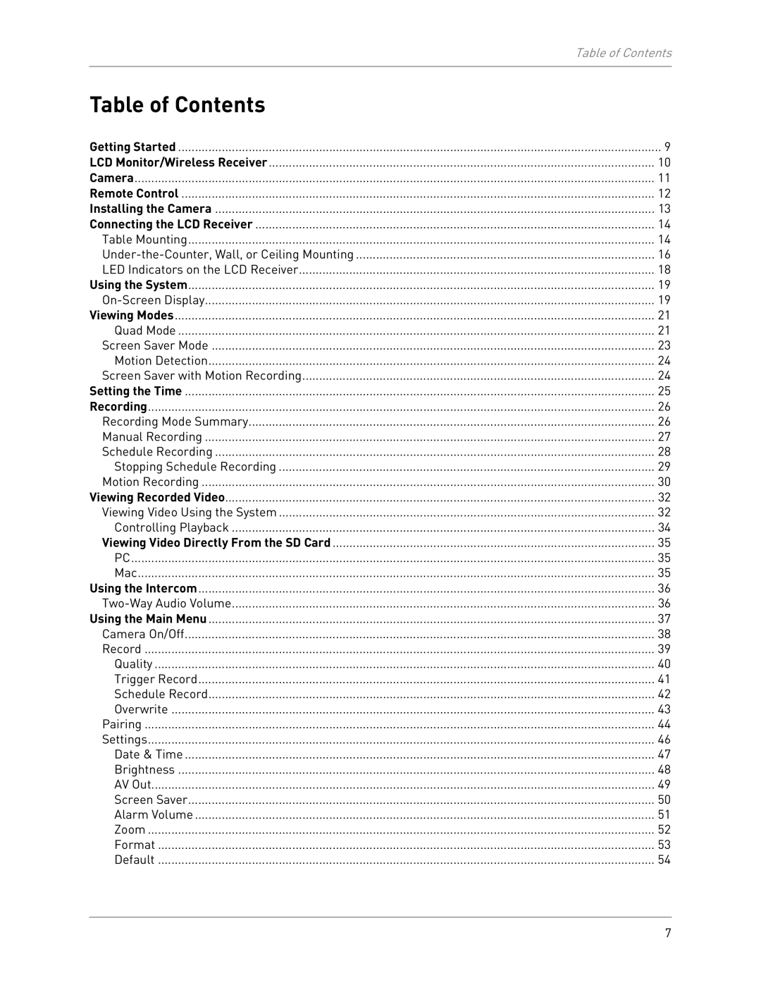 LOREX Technology LW2702 instruction manual Table of Contents 