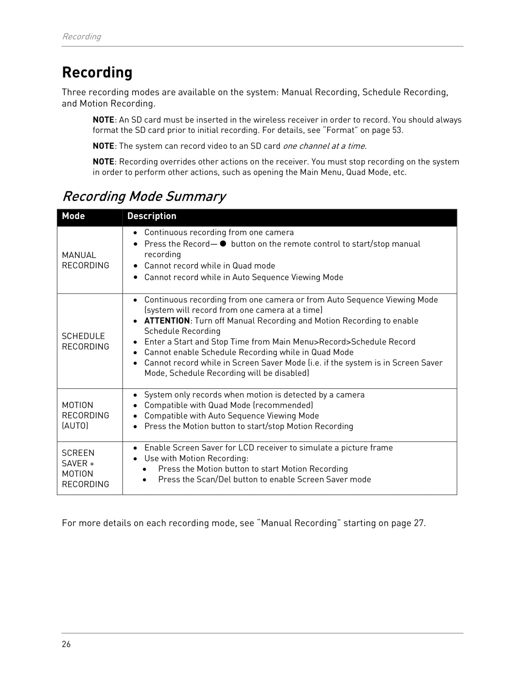 LOREX Technology LW2702 instruction manual Recording Mode Summary 